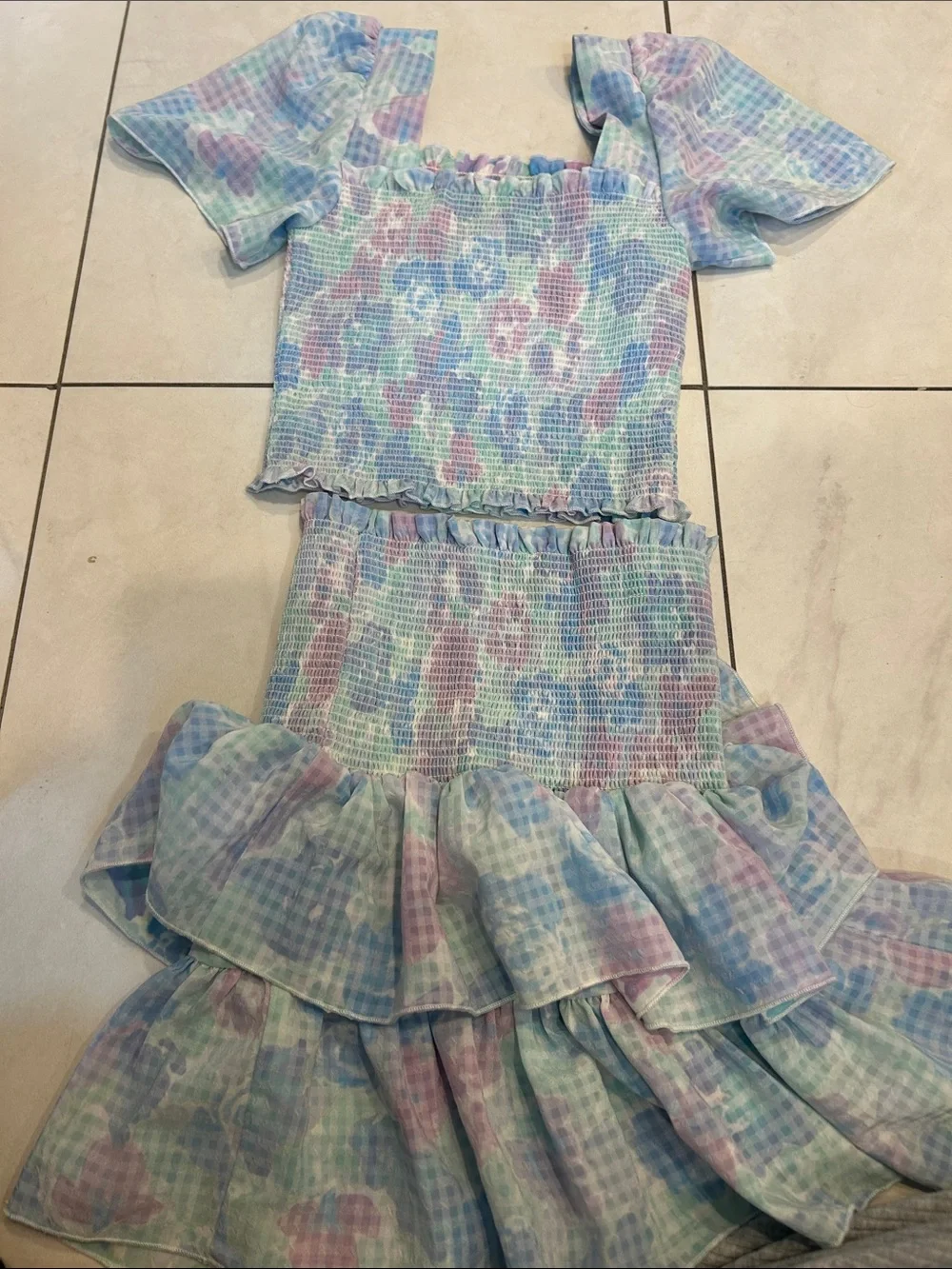 Les Coyotes de Paris Girls' Pastel Floral Smocked Camisole - Blue/Pink/Green